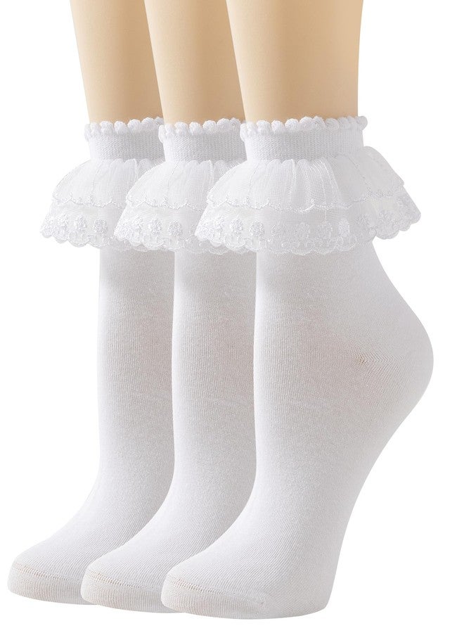 AMHRLINGTO Lace Ruffle Frilly Ankle Socks for Women - Cotton Socks Stylish Cute Lace Socks (Cotton, White-3 Pairs) - Image 1